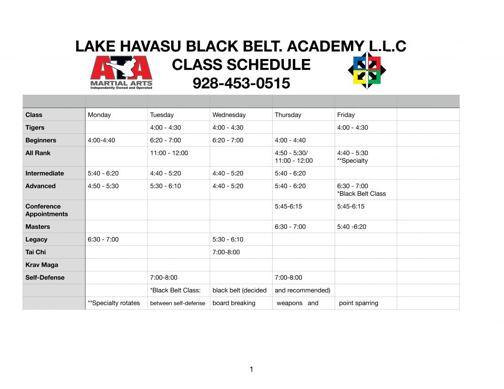 Weekly Schedule Lake Havasu City Taekwondo Instructions